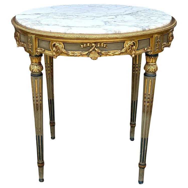 GUERIDON ROND XIXe DE STYLE LOUIS XVI EN BOIS PEINT ET DORÉ AVEC DESSUS MARBRE