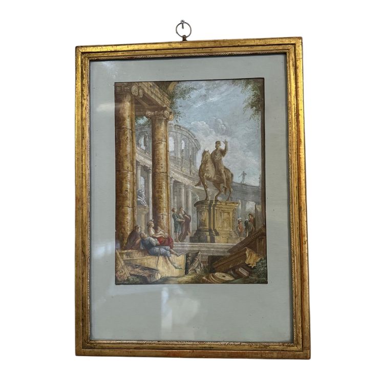 Watercolor on Orchard Paper, Animated Ruins with Equestrian Statue, 18th Century