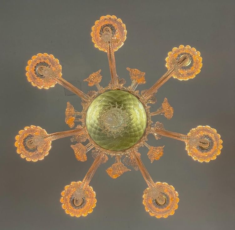 Venetian Chandelier in Gilded Murano Glass, 6 Light Arms Circa 1940