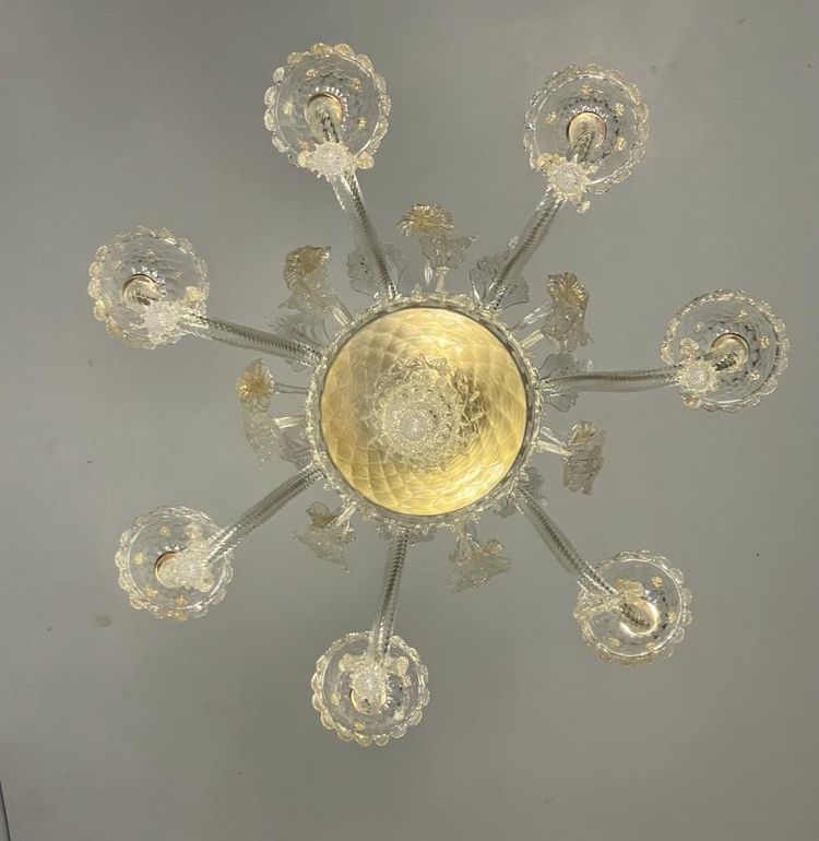 Venetian Chandelier in Gilded Murano Glass, 6 Light Arms Circa 1940