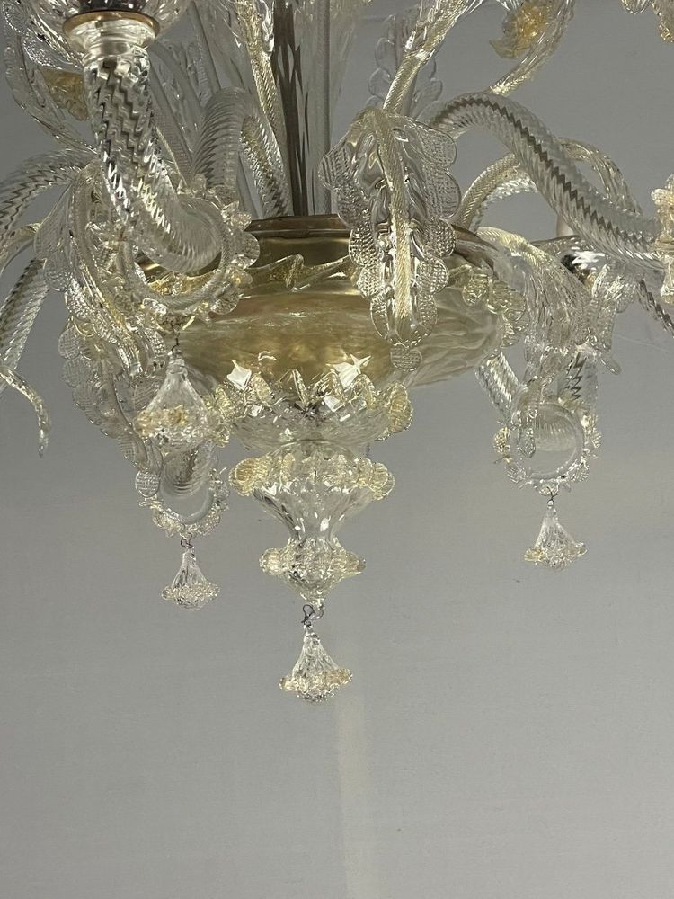 Venetian Chandelier in Gilded Murano Glass, 6 Light Arms Circa 1940