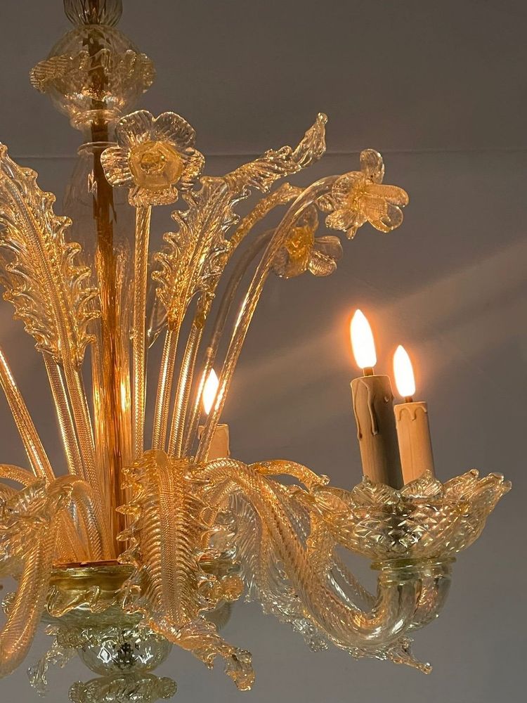 Venetian Chandelier in Gilded Murano Glass, 6 Light Arms Circa 1940