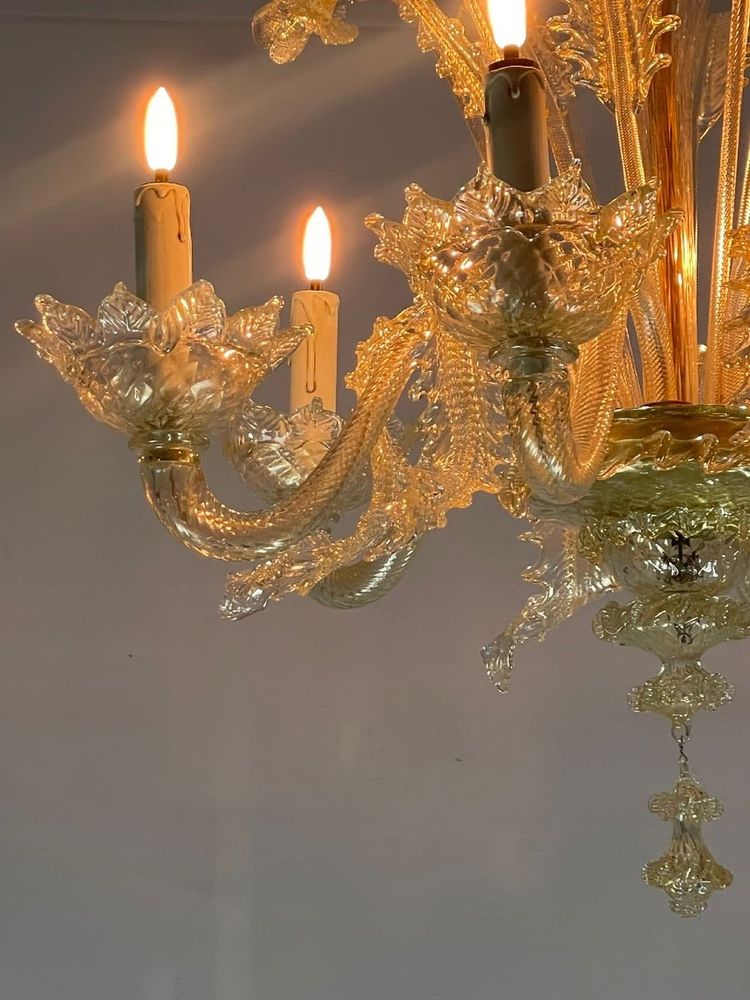 Venetian Chandelier in Gilded Murano Glass, 6 Light Arms Circa 1940