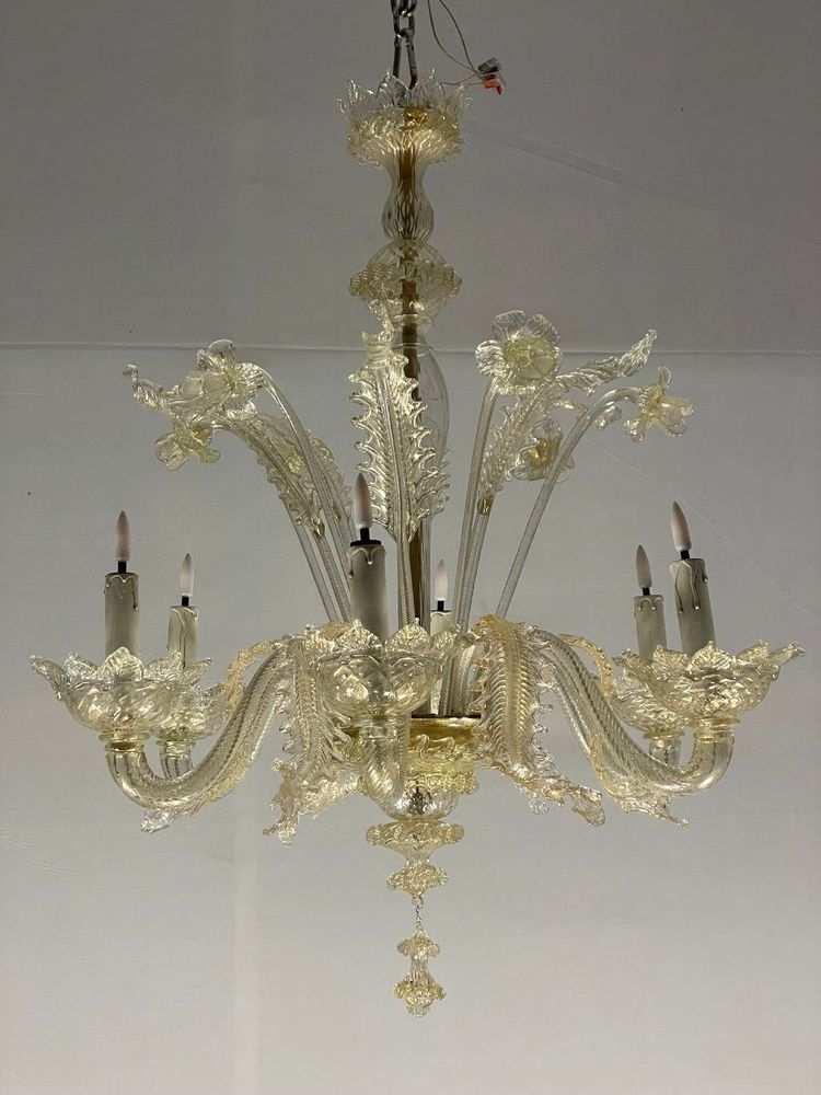 Venetian Chandelier in Gilded Murano Glass, 6 Light Arms Circa 1940