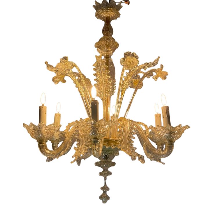 Venetian Chandelier in Gilded Murano Glass, 6 Light Arms Circa 1940