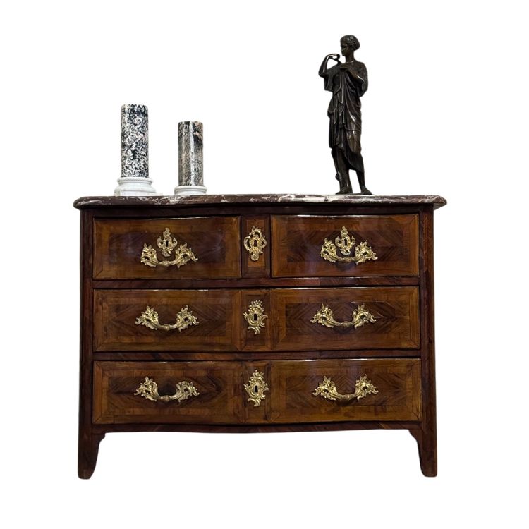 Commode Louis XV En Placage Et Bronzes Dorés, Marbre De Rance, XVIIIème Siècle
