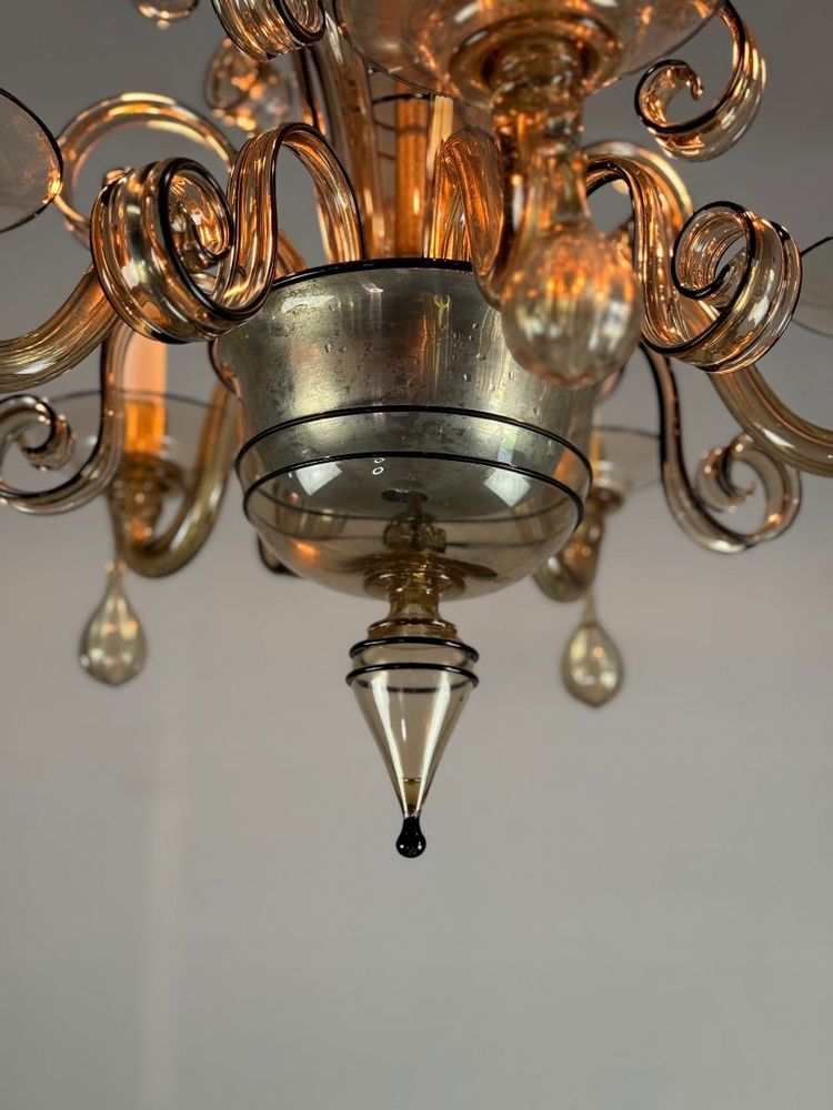 Venetian Chandelier in Golden Murano Glass with Black Trim, Circa 1950
