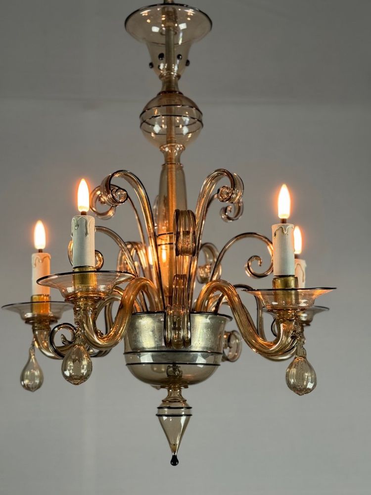 Venetian Chandelier in Golden Murano Glass with Black Trim, Circa 1950