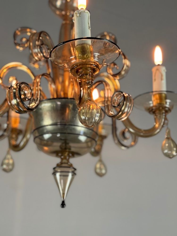 Venetian Chandelier in Golden Murano Glass with Black Trim, Circa 1950