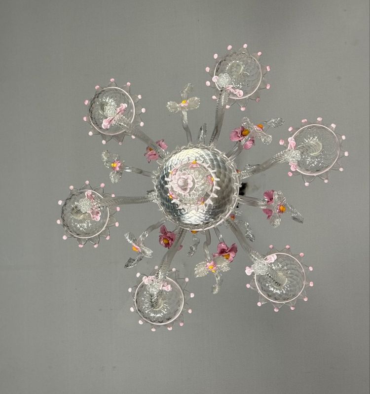Lampadario veneziano in vetro di Murano incolore e rosa, 6 bracci luminosi, circa 1940