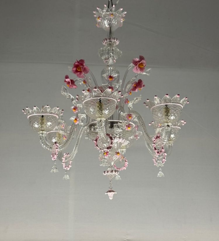 Lampadario veneziano in vetro di Murano incolore e rosa, 6 bracci luminosi, circa 1940