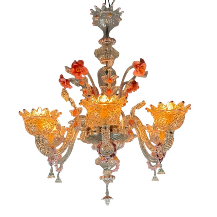 Lampadario veneziano in vetro di Murano incolore e rosa, 6 bracci luminosi, circa 1940