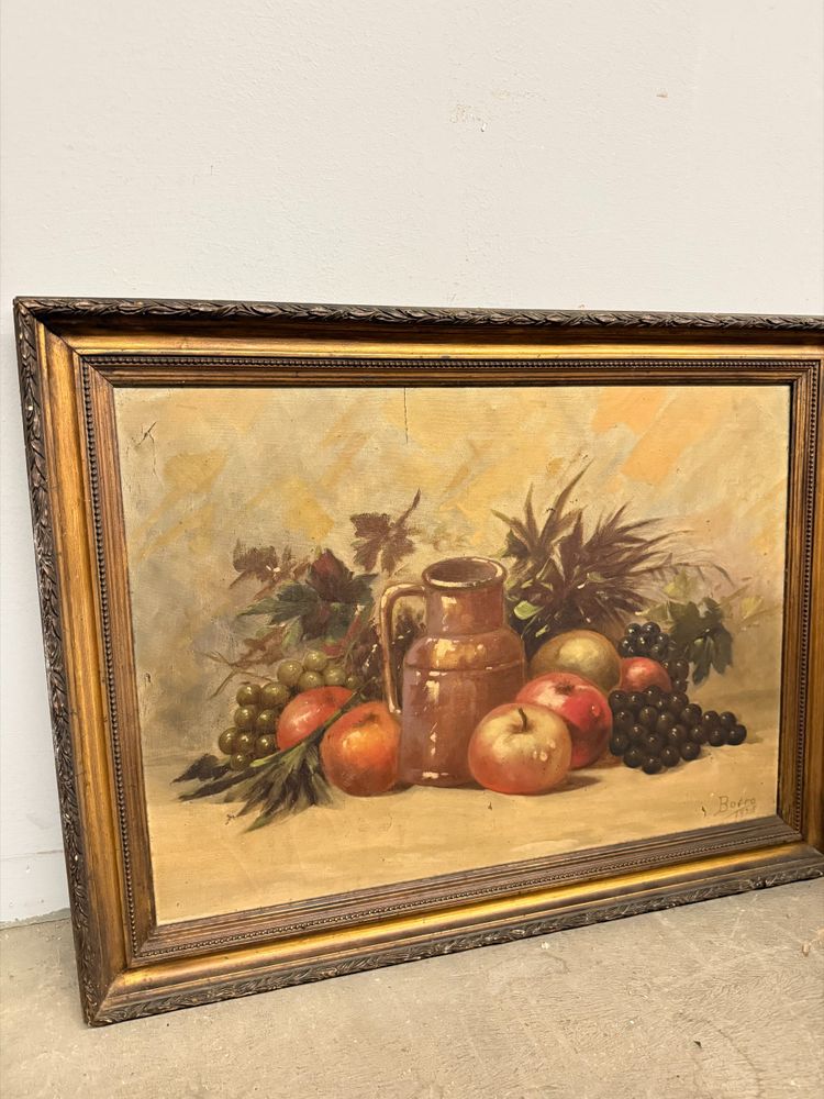 Antique oil painting on canvas still life with fruit 1925, 60x55cm