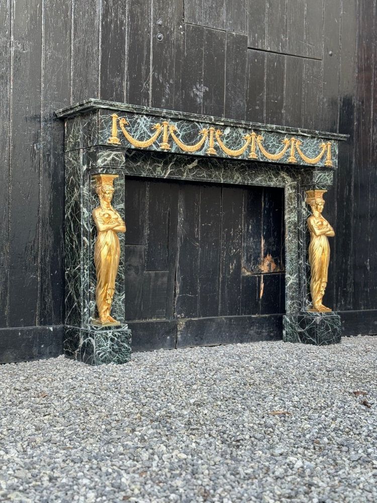 Cheminée De Style Empire En Marbre Vert Antique Et Bronzés Dorés Vers 1880