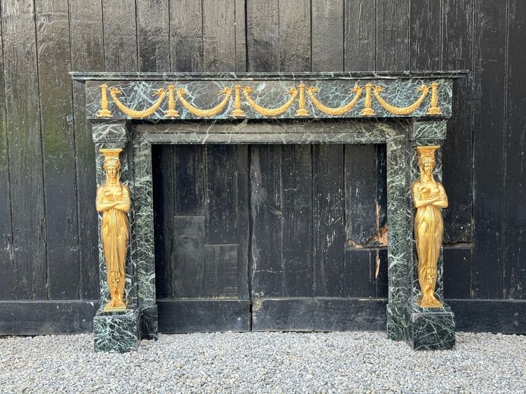 Cheminée De Style Empire En Marbre Vert Antique Et Bronzés Dorés Vers 1880