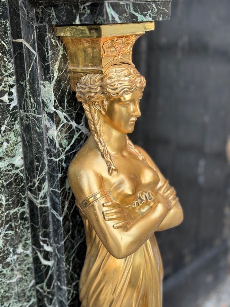 Cheminée De Style Empire En Marbre Vert Antique Et Bronzés Dorés Vers 1880