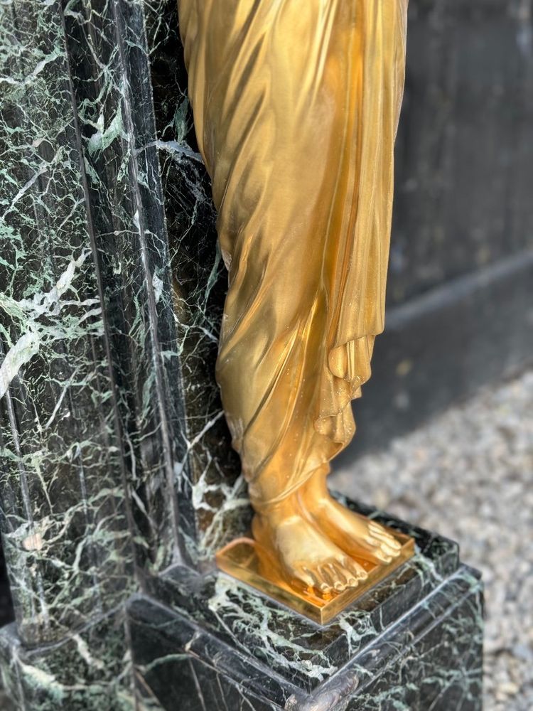 Cheminée De Style Empire En Marbre Vert Antique Et Bronzés Dorés Vers 1880