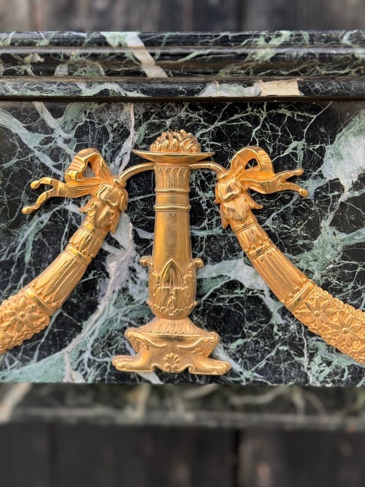Cheminée De Style Empire En Marbre Vert Antique Et Bronzés Dorés Vers 1880