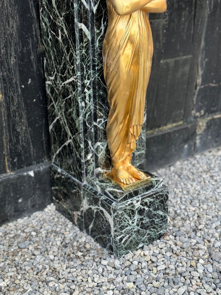 Cheminée De Style Empire En Marbre Vert Antique Et Bronzés Dorés Vers 1880