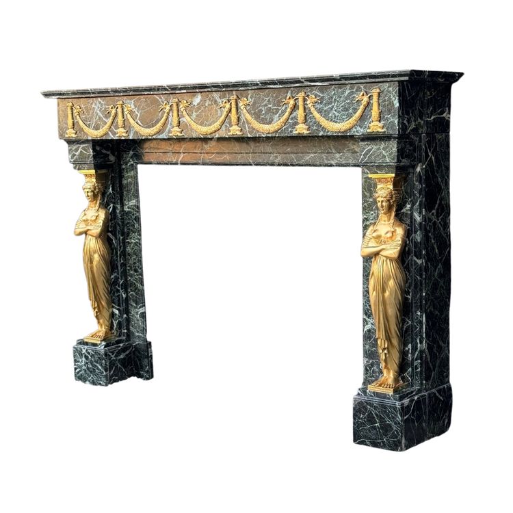 Cheminée De Style Empire En Marbre Vert Antique Et Bronzés Dorés Vers 1880