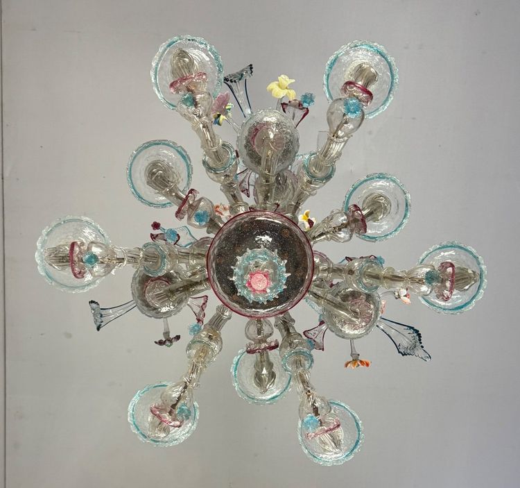 Rezzonico Venetian Chandelier in Multicolored Murano Glass, 12 Light Arms Circa 1900