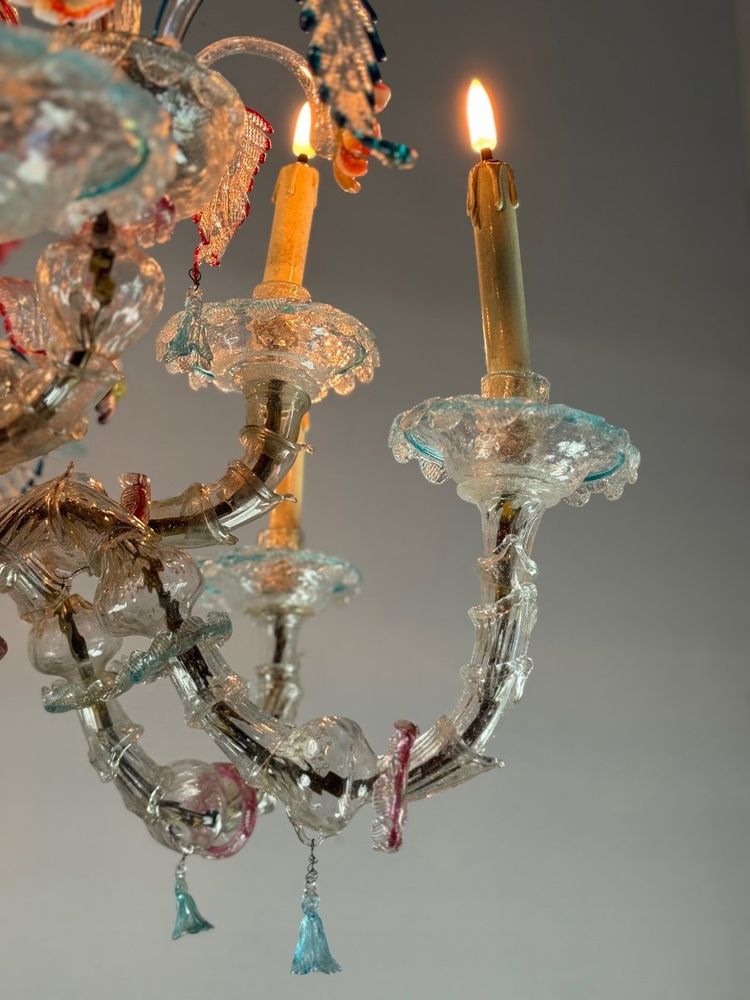 Rezzonico Venetian Chandelier in Multicolored Murano Glass, 12 Light Arms Circa 1900