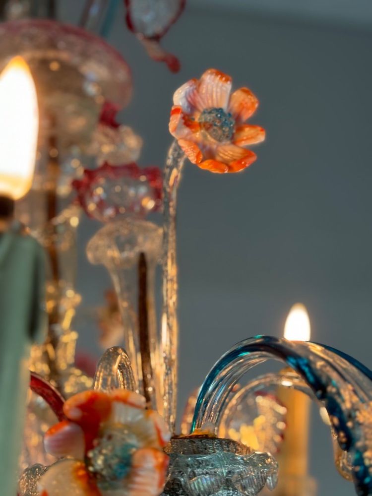 Rezzonico Venetian Chandelier in Multicolored Murano Glass, 12 Light Arms Circa 1900