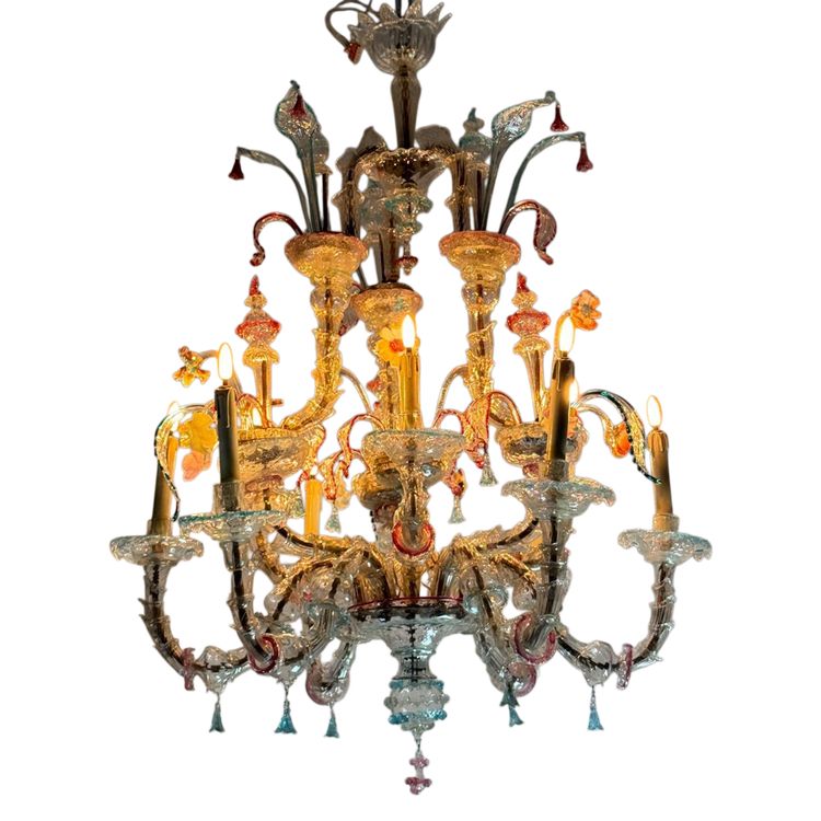 Rezzonico Venetian Chandelier in Multicolored Murano Glass, 12 Light Arms Circa 1900