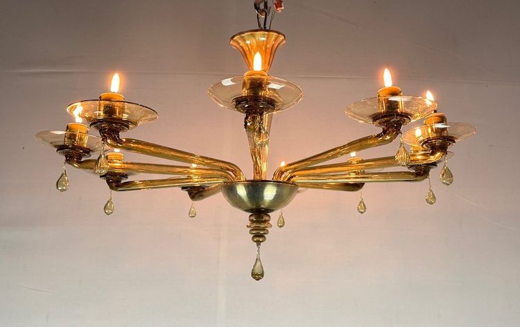 Venetian chandelier in Murano gilt glass by Venini circa 1940