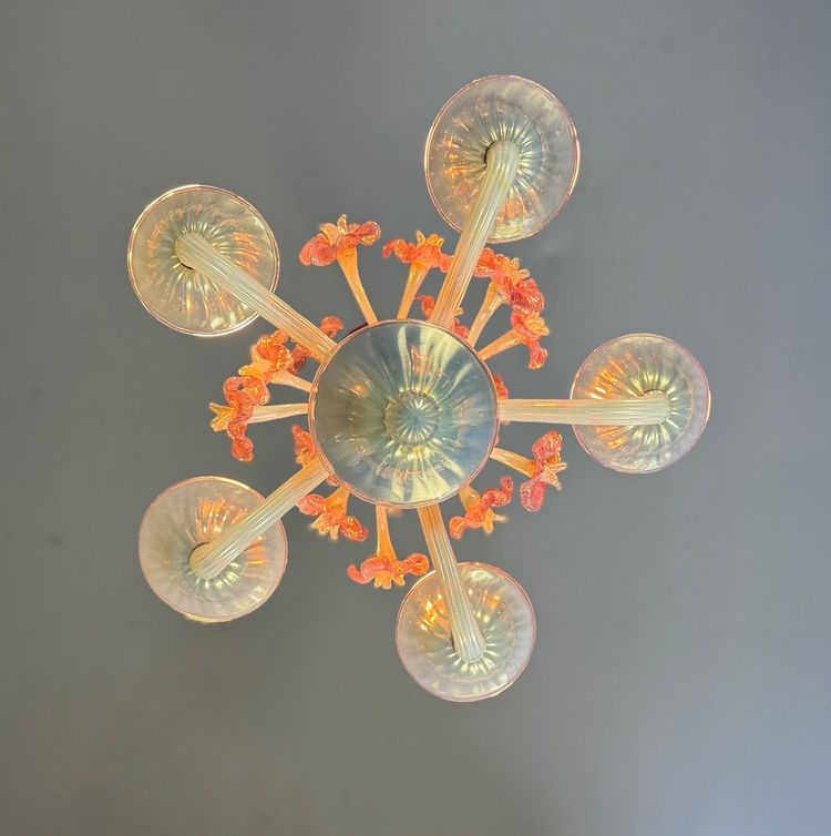 Venetian Chandelier, In Blue And Red Murano Glass, Five Light Arms, About 1950