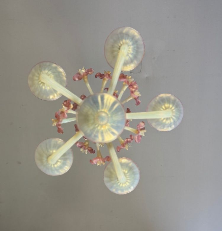 Venetian Chandelier, In Blue And Red Murano Glass, Five Light Arms, About 1950