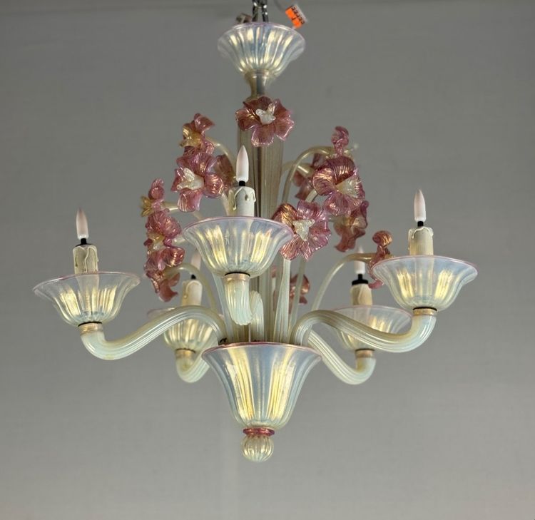 Venetian Chandelier, In Blue And Red Murano Glass, Five Light Arms, About 1950