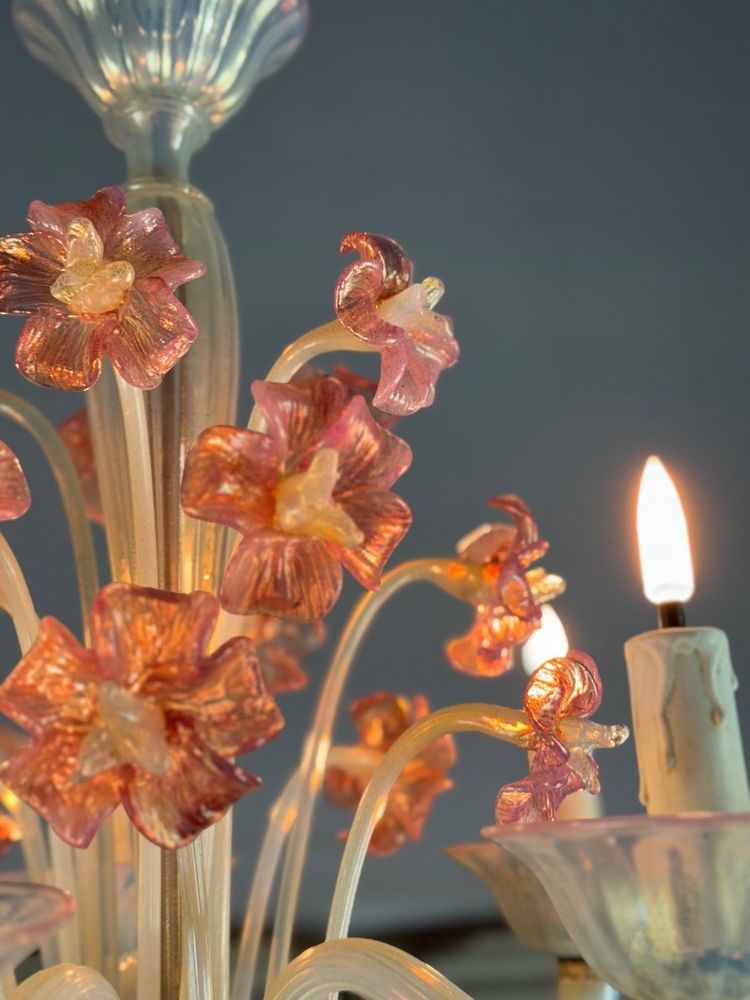 Venetian Chandelier, In Blue And Red Murano Glass, Five Light Arms, About 1950