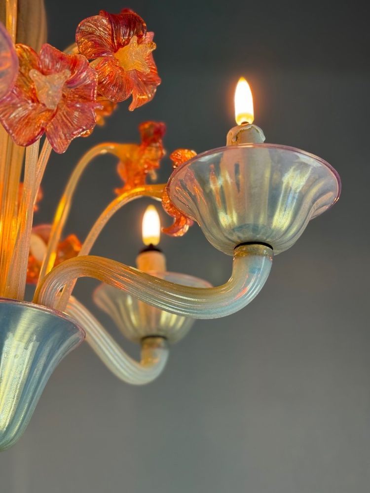 Venetian Chandelier, In Blue And Red Murano Glass, Five Light Arms, About 1950