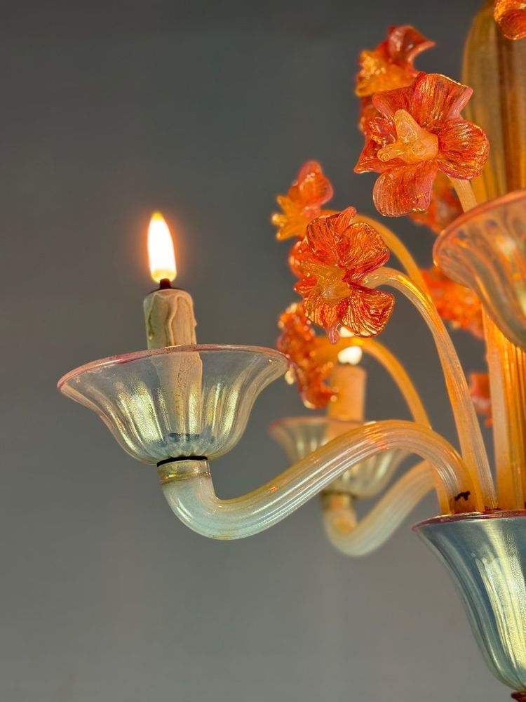 Venetian Chandelier, In Blue And Red Murano Glass, Five Light Arms, About 1950
