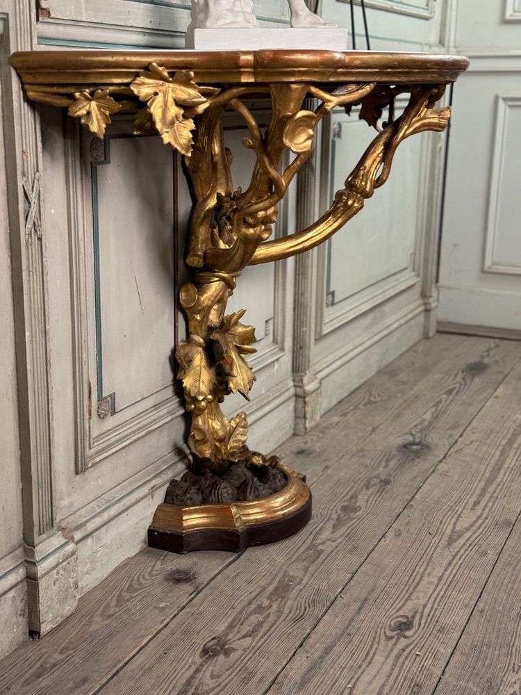 Console En Bois Sculpté Et Doré à L’imitation Du Bois Naturel, Italie Vers 1880