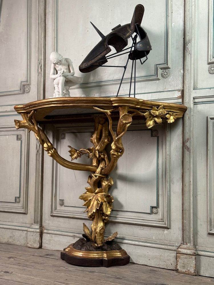 Console En Bois Sculpté Et Doré à L’imitation Du Bois Naturel, Italie Vers 1880