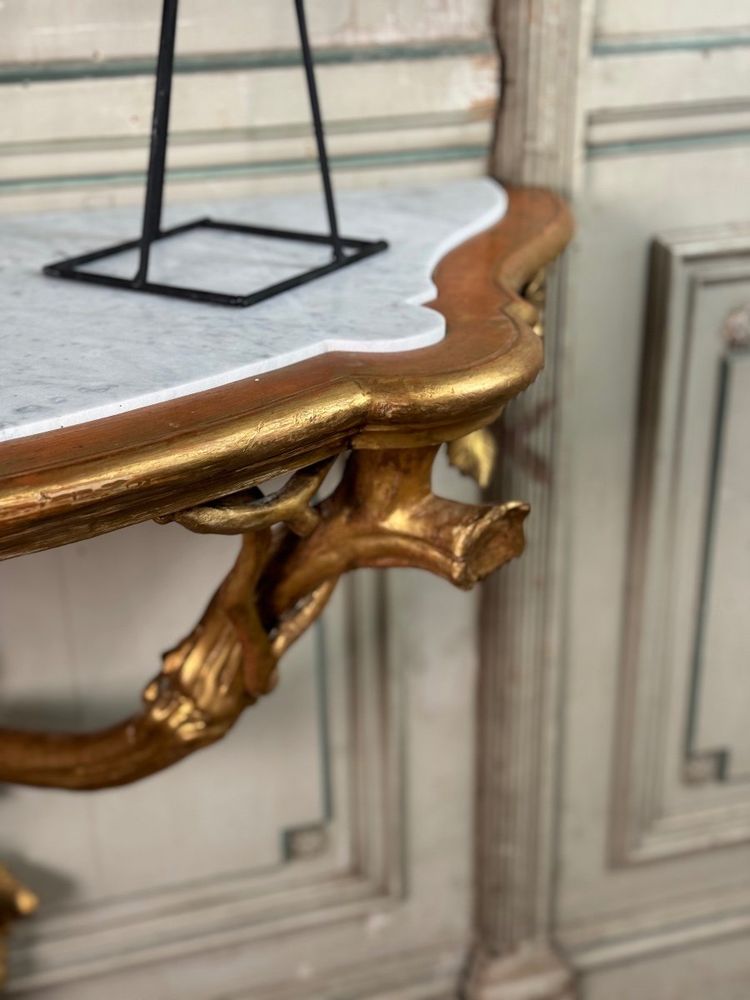 Console En Bois Sculpté Et Doré à L’imitation Du Bois Naturel, Italie Vers 1880