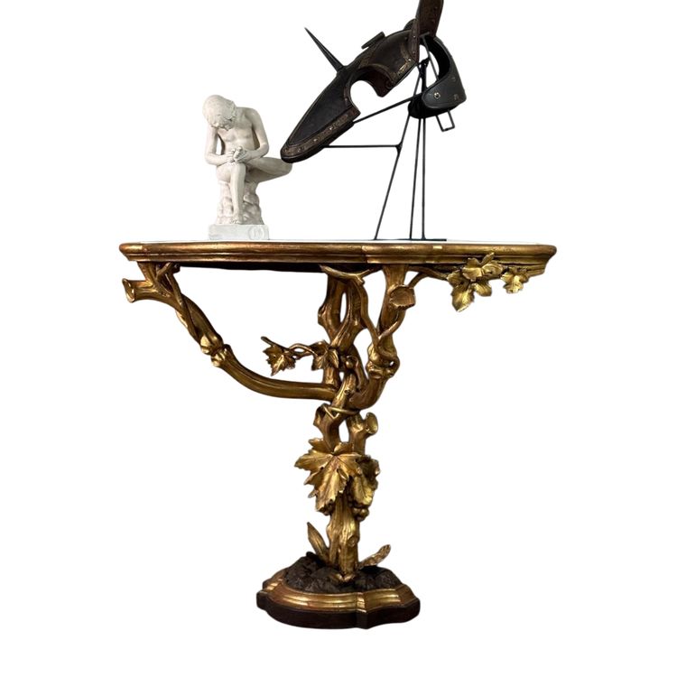 Console En Bois Sculpté Et Doré à L’imitation Du Bois Naturel, Italie Vers 1880