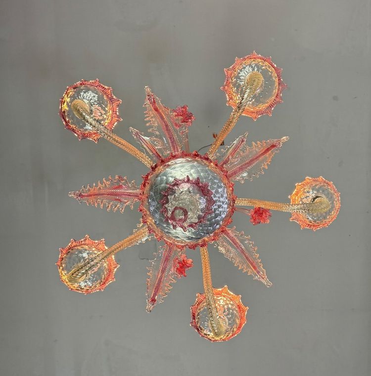Venetian Chandelier In Colorless And Red Murano Glass 5 Light Arms, Circa 1950