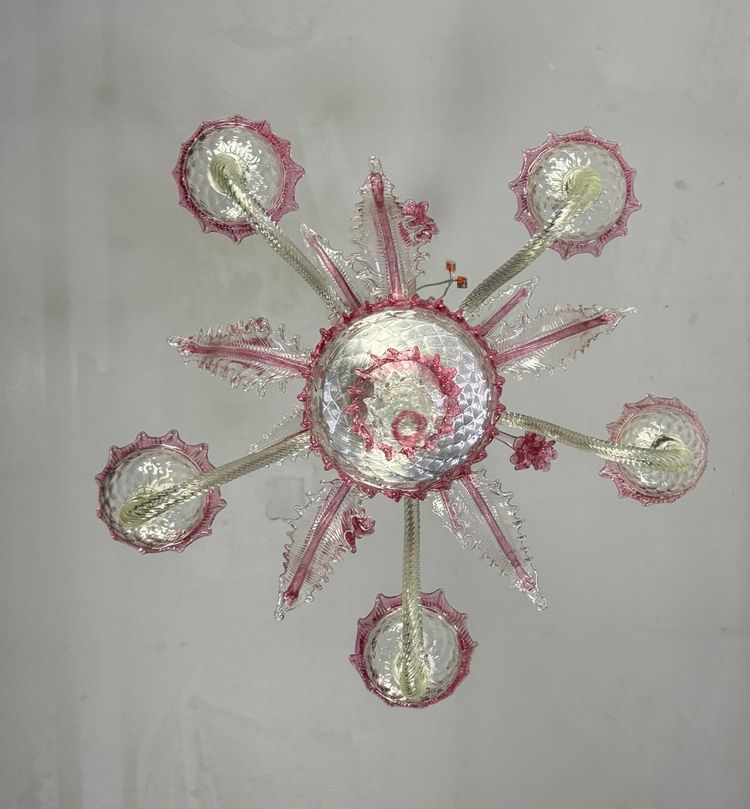 Venetian Chandelier In Colorless And Red Murano Glass 5 Light Arms, Circa 1950