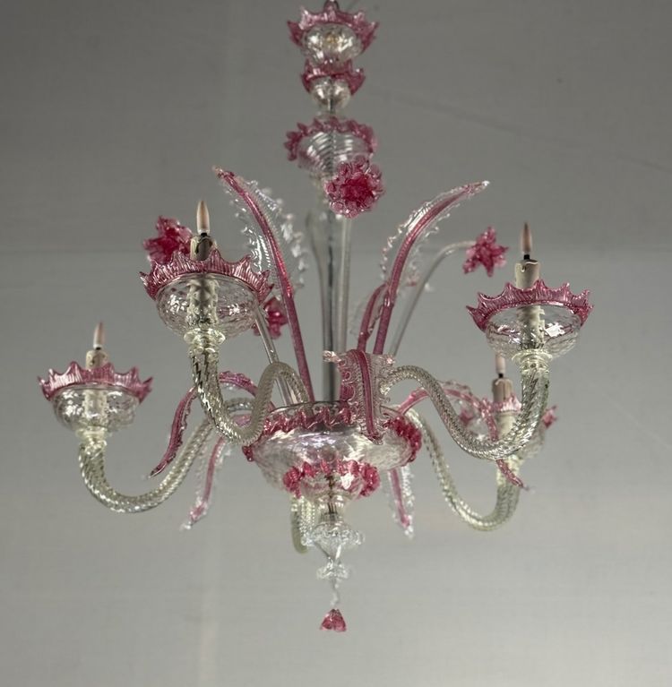 Venetian Chandelier In Colorless And Red Murano Glass 5 Light Arms, Circa 1950
