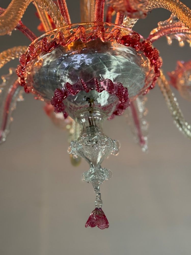 Venetian Chandelier In Colorless And Red Murano Glass 5 Light Arms, Circa 1950