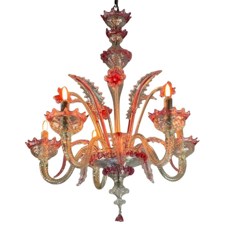 Venetian Chandelier In Colorless And Red Murano Glass 5 Light Arms, Circa 1950