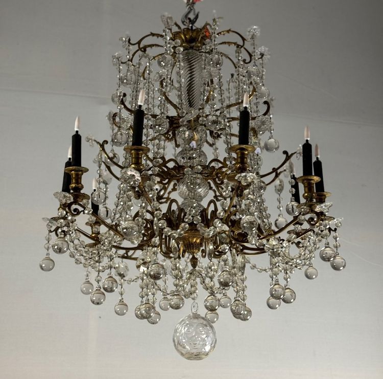 Important Gilded Bronze Chandelier Festooned With Glass Balls, Circa 1890