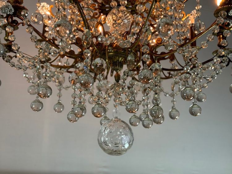 Important Gilded Bronze Chandelier Festooned With Glass Balls, Circa 1890