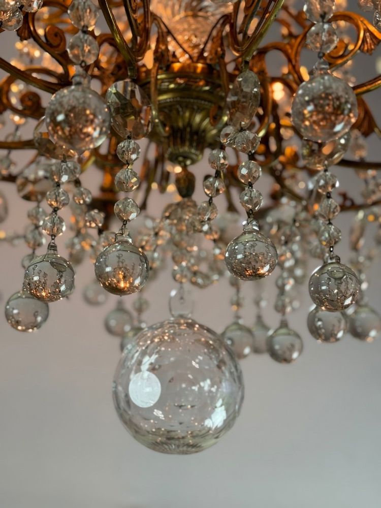Important Gilded Bronze Chandelier Festooned With Glass Balls, Circa 1890