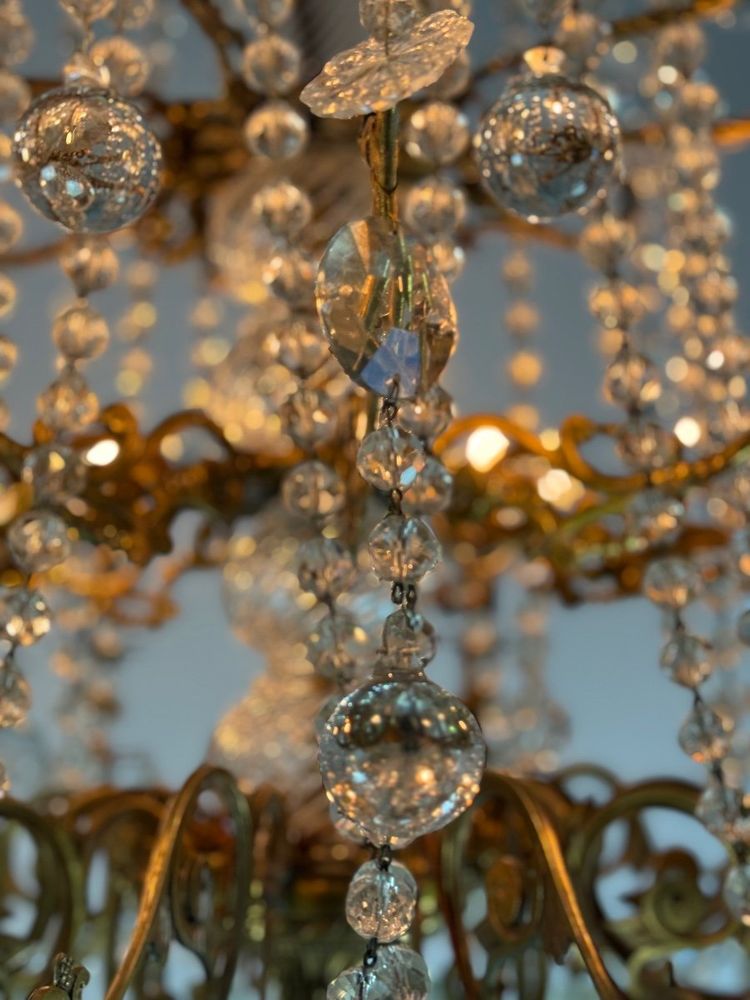 Important Gilded Bronze Chandelier Festooned With Glass Balls, Circa 1890