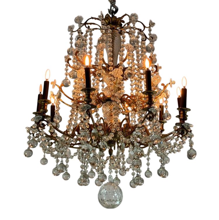Important Gilded Bronze Chandelier Festooned With Glass Balls, Circa 1890
