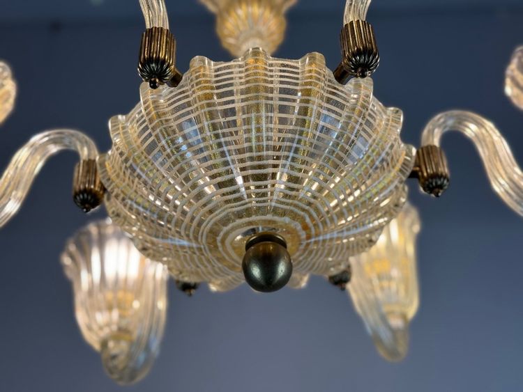 Lustre Vénitien En Verre De Murano Doré Et à Reticello , 6 Bras De Lumière Vers 1950